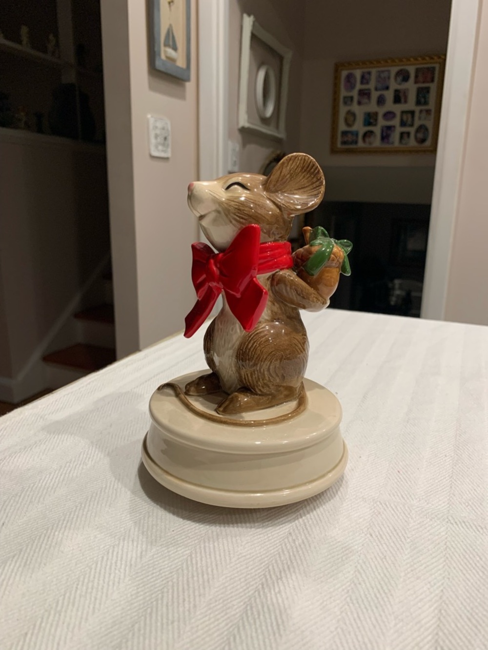 Vintage Otagiri Ceramic Brown Mouse Figurine with Red Bow and Green Gift